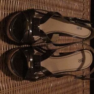 Brown, with cork wedge and 4” heal.